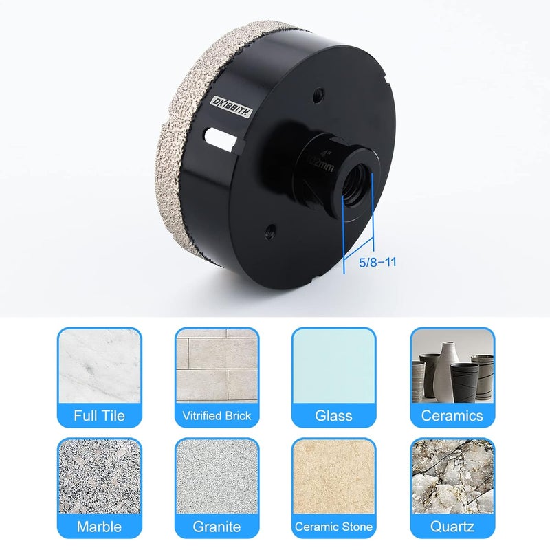 DKIBBITH 4 inch Diamond Hole Saw, 102mm Hole Saw for Concrete Brick Masonry Block Granite Tiles Quartzite Marble Porcelain Ceramic Stones with Female 5/8-11 Thread Fit Most Angle Grinders, Black - Image 4